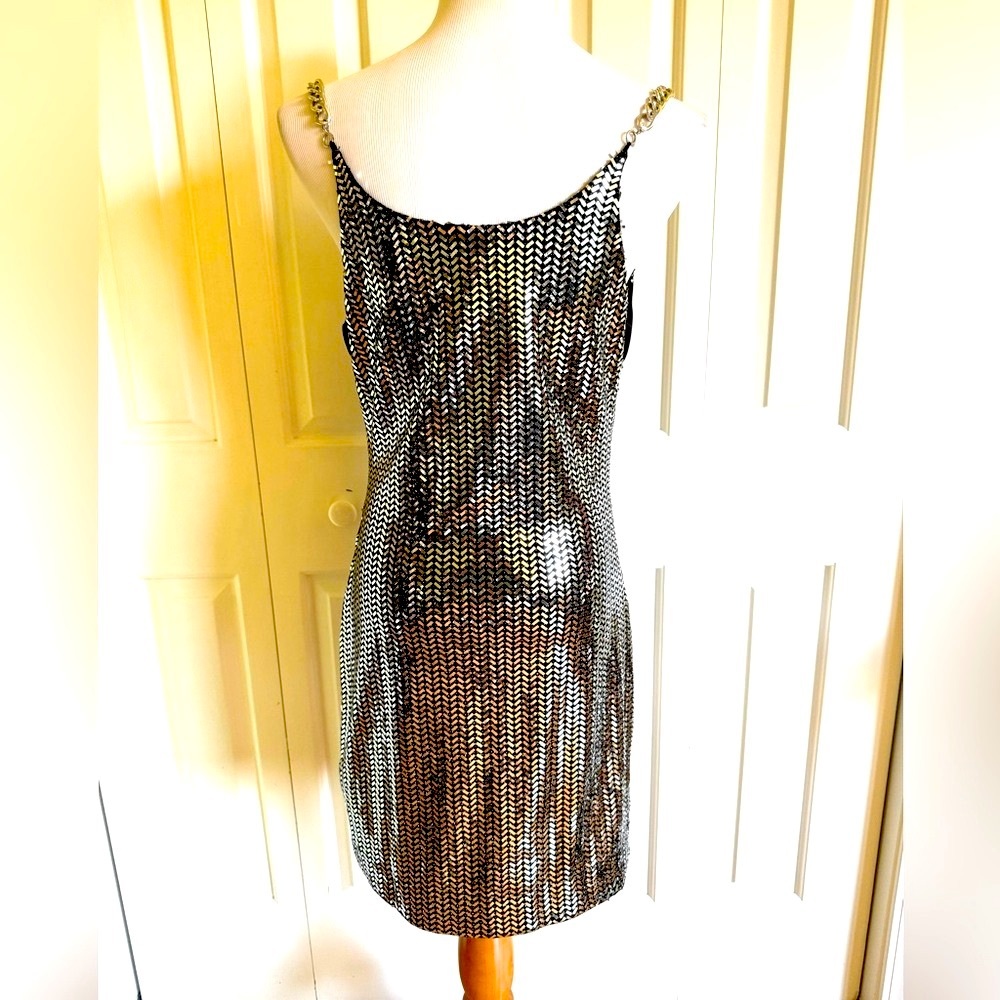 NEW VENUS Black/Silver Metallic Chain Straps Tank Dress M NWOT - Picture 4 of 7